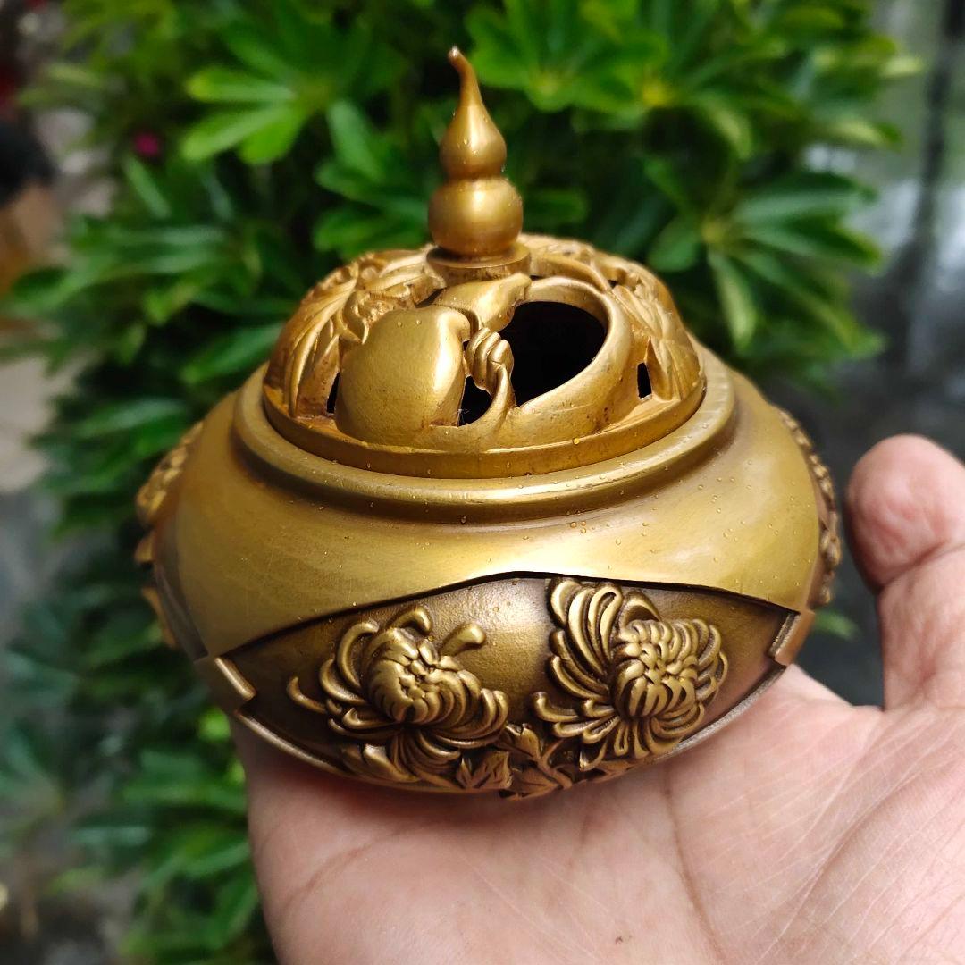 銅 細工 四季花瓢簞蓋香炉 銅製 茶道具 香道具 工芸品 美術品 置物