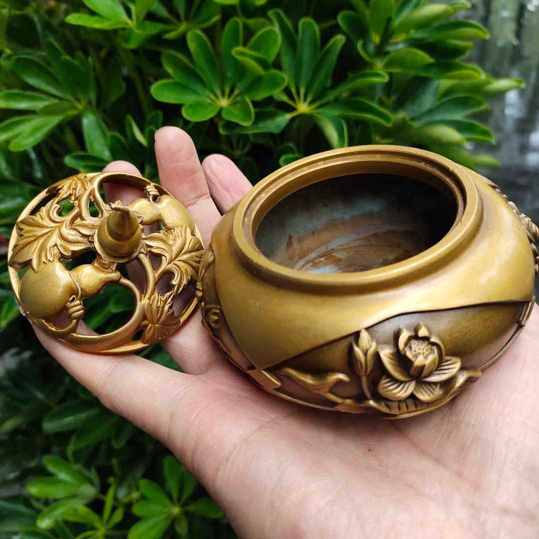 銅 細工 四季花瓢簞蓋香炉 銅製 茶道具 香道具 工芸品 美術品 置物