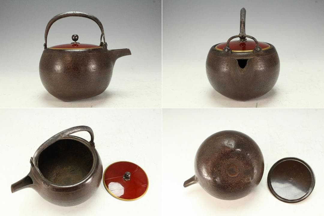 古鉄 持ち手 唐草 銀象嵌 瓶 注器 鉄瓶 銀摘 金縁朱塗蓋(K-XA811)