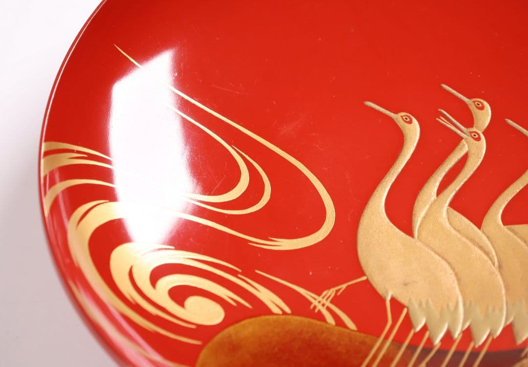 【CM375】時代木製漆器 光琳写 金蒔絵 群鶴図 朱塗 引盃 五客 小皿 杯