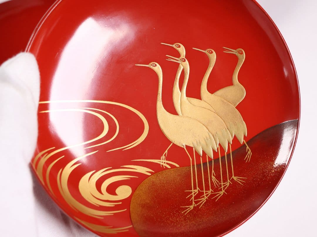 【CM375】時代木製漆器 光琳写 金蒔絵 群鶴図 朱塗 引盃 五客 小皿 杯