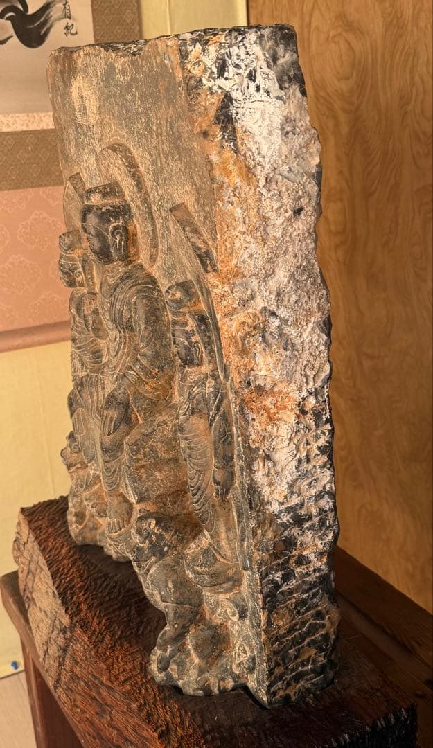 中国　石佛　三尊佛　台付　仏教美術　高さ約51cm 送料込み251211