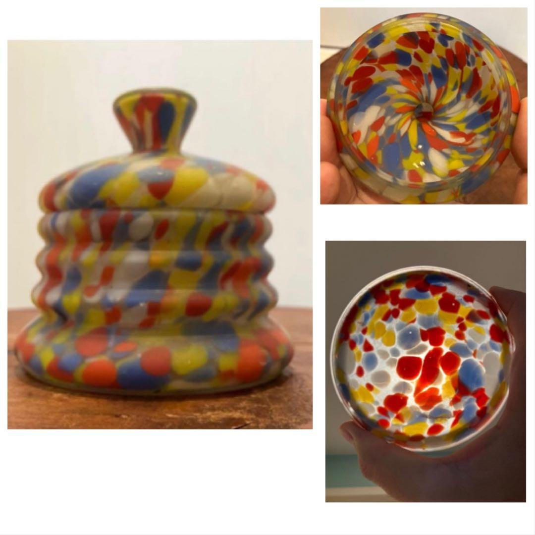 魅惑のマーブル模様の蓋物練りガラス器◇レトロガラス◇アンティークガラス◇古ガラス