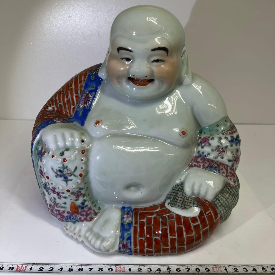 中国景徳鎮　羅漢肝嶺上　朱義順作　粉彩布袋置物　高さ約25㎝　トコル