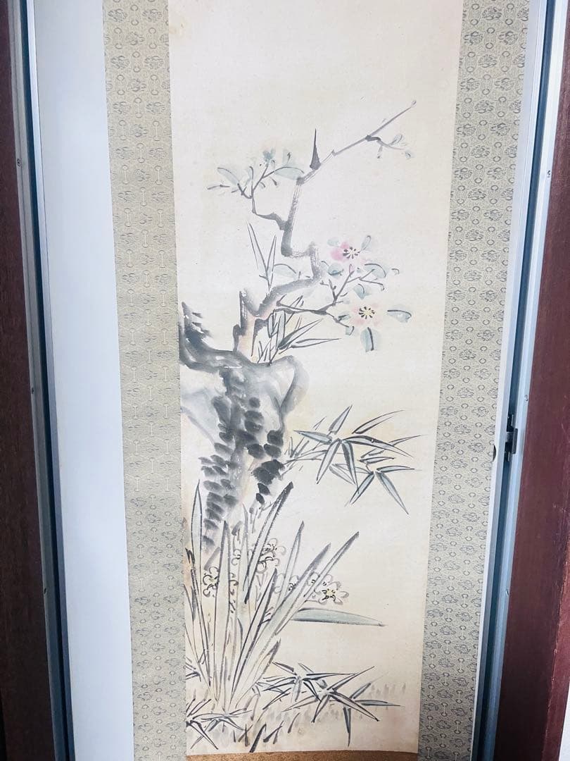 竹と花の水墨画 掛軸12–03