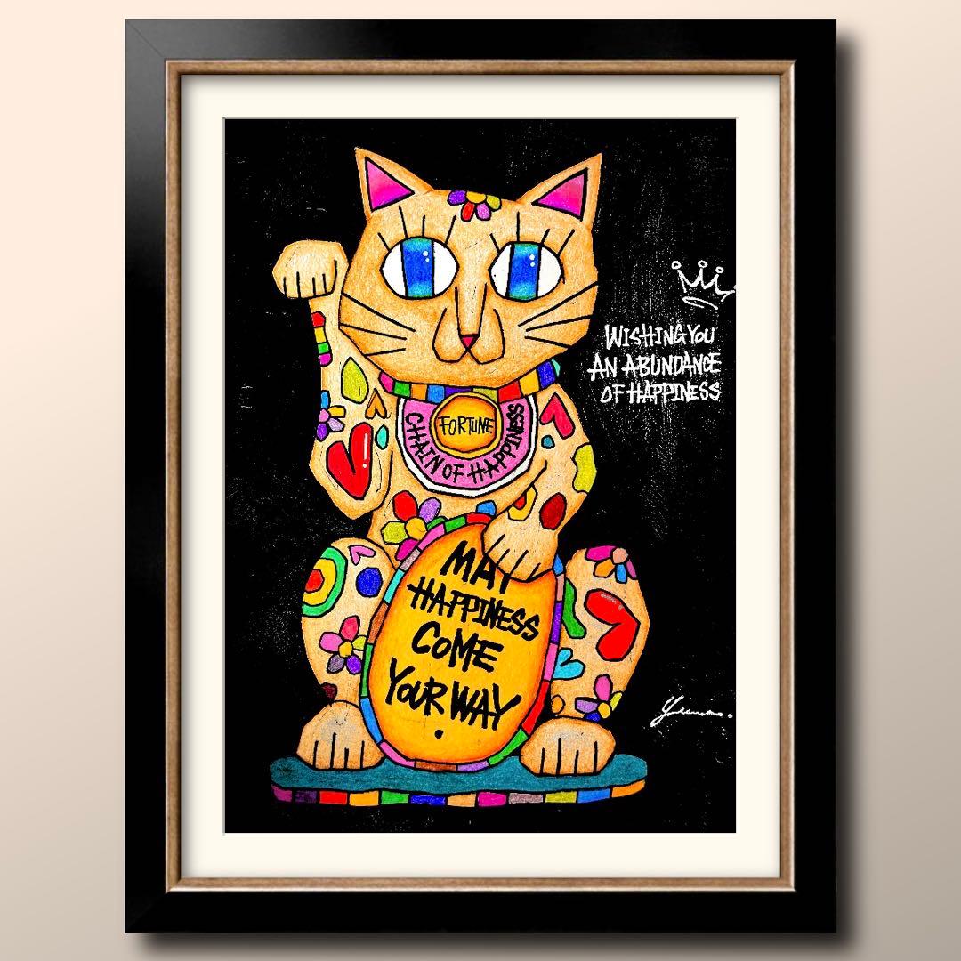 m*n様 「 逆境に灯る招き猫 」｜絵画 原画 抽象画 絵 動物画 ドローイング