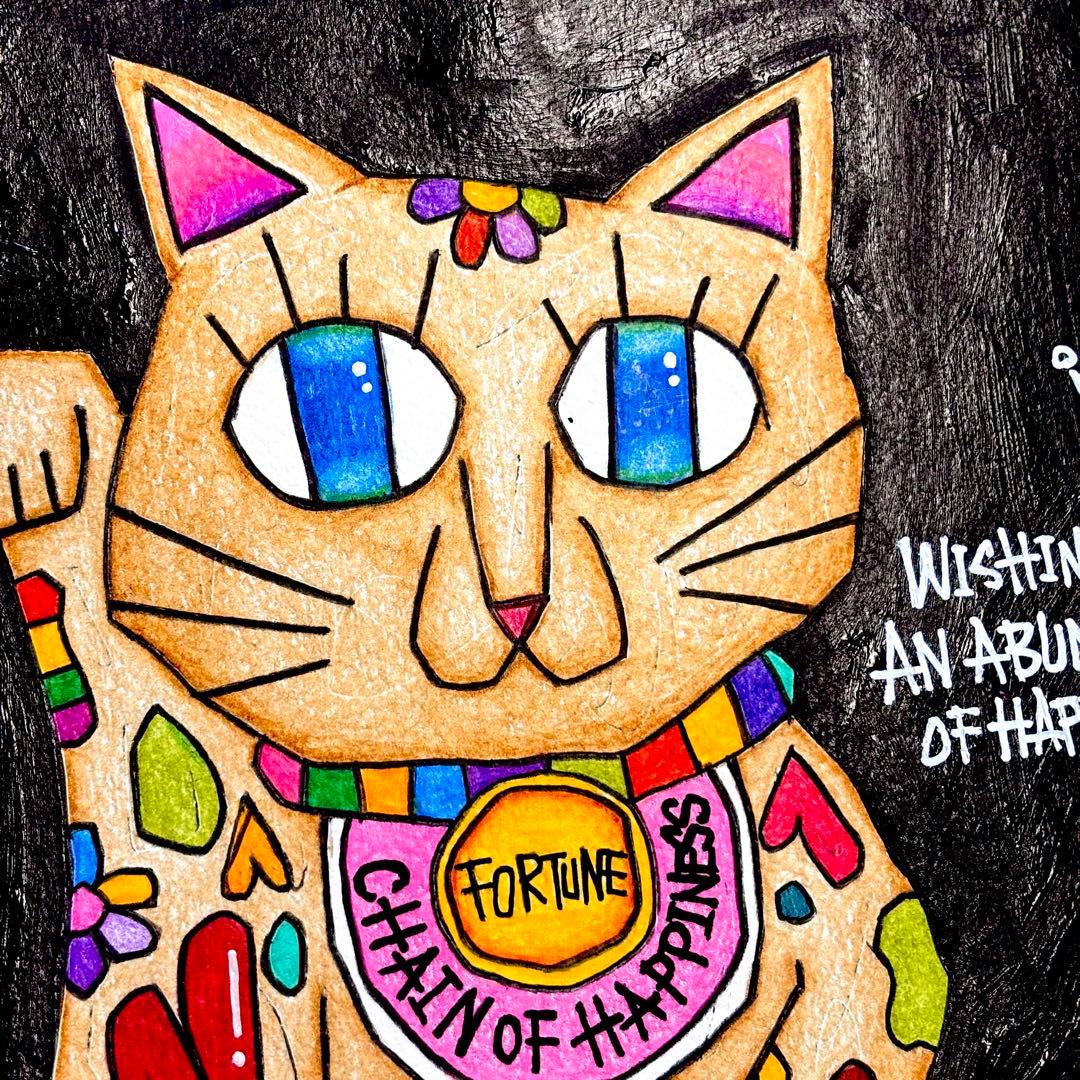 m*n様 「 逆境に灯る招き猫 」｜絵画 原画 抽象画 絵 動物画 ドローイング