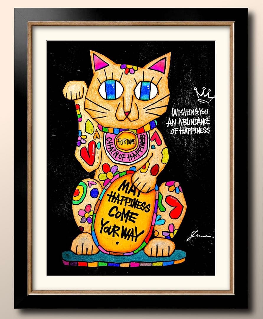 m*n様 「 逆境に灯る招き猫 」｜絵画 原画 抽象画 絵 動物画 ドローイング