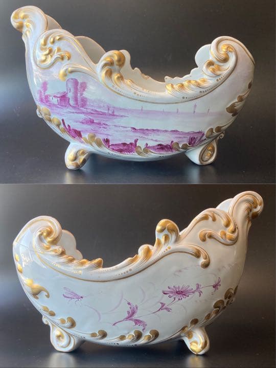 エミール・ガレ　軟質施釉陶器 湖畔風景文 帆船 昆虫絵図　鉢 ボウル 花瓶 花器