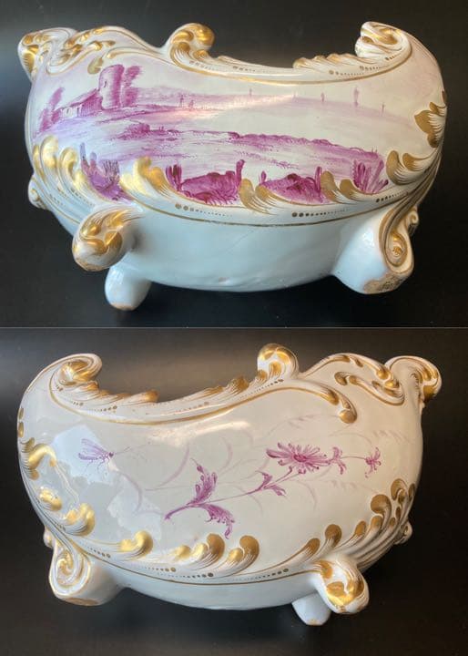 エミール・ガレ　軟質施釉陶器 湖畔風景文 帆船 昆虫絵図　鉢 ボウル 花瓶 花器