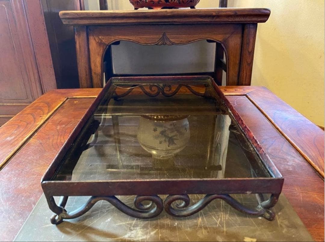 ヴィンテージ　一点物・アイアン製装飾　ガラス台 ハンドメイド　アンティーク　レア