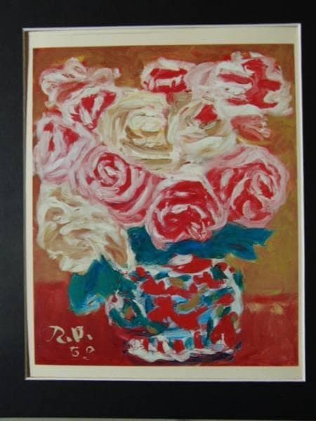 梅原竜三郎、薔薇、高級額装用画版、版上サイン入、新品額付