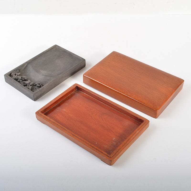 中国　書道具　梅鳥刻　端渓硯　唐木箱付　V　6634