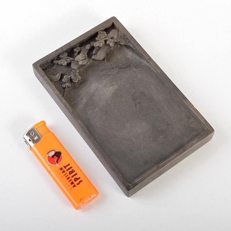 中国　書道具　梅鳥刻　端渓硯　唐木箱付　V　6634