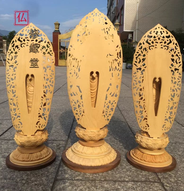 【修縁堂】古美術品 木工細工 西方三聖 仏像立像 置物 木彫 仏像