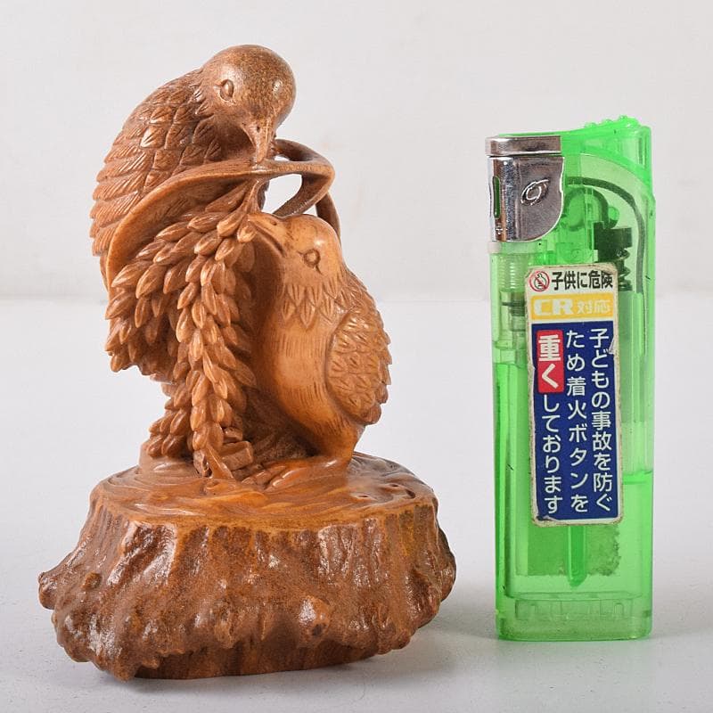 中国　鹿角細密雕　夫婦鶉　置物　箱付　7994E