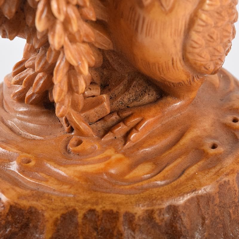 中国　鹿角細密雕　夫婦鶉　置物　箱付　7994E