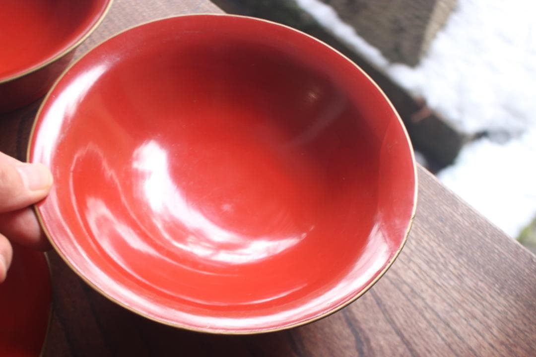 傷あり！時代金縁朱漆に優美な松鶴亀沈金の映える大椀2点（検輪島塗沈金椀雑煮椀