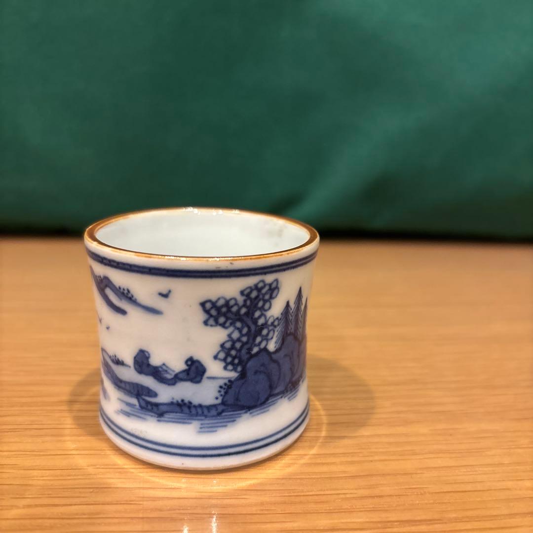 茶道具　蓋置　青い風景画の陶器製