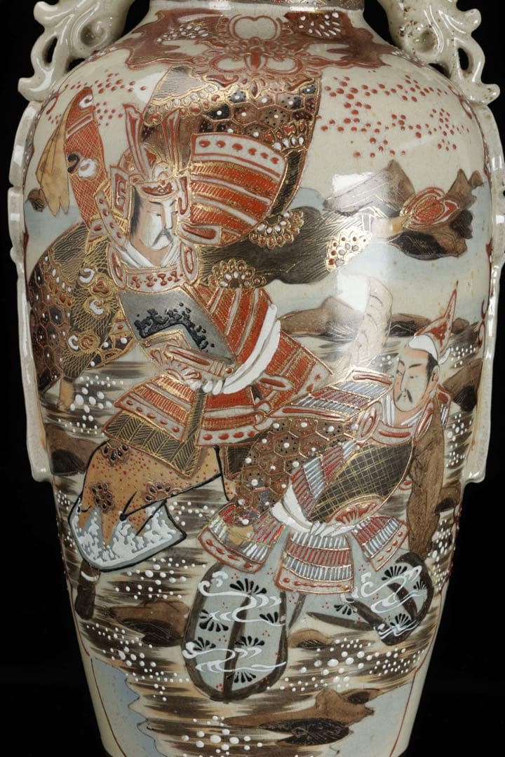 薩摩焼 金襴手色絵耳付武者図花瓶 共箱付 36.5㎝ 花器 飾壺 古美術 骨董品