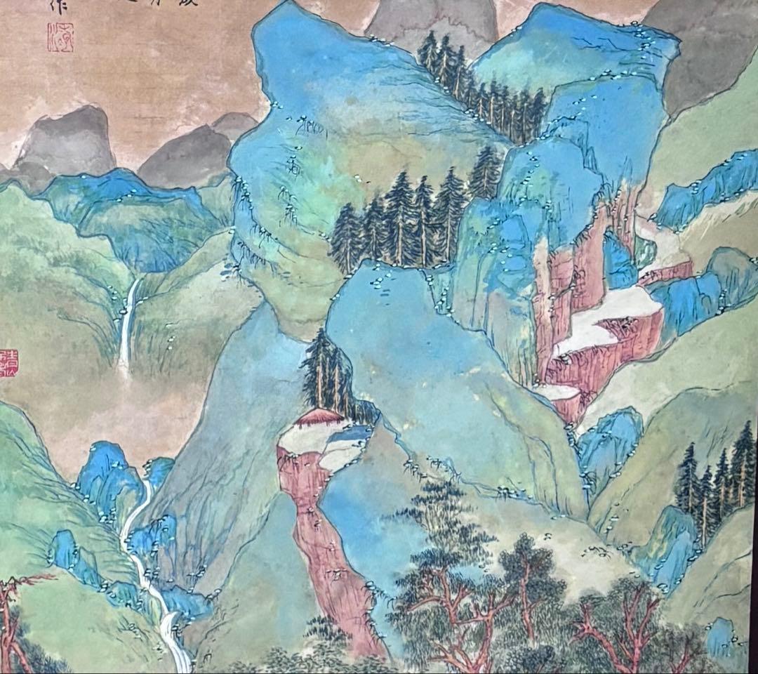 水墨画　掛軸　青樹緑陰 謝陽画　中国　絵画　山水　箱付　張大千大風堂　カラー