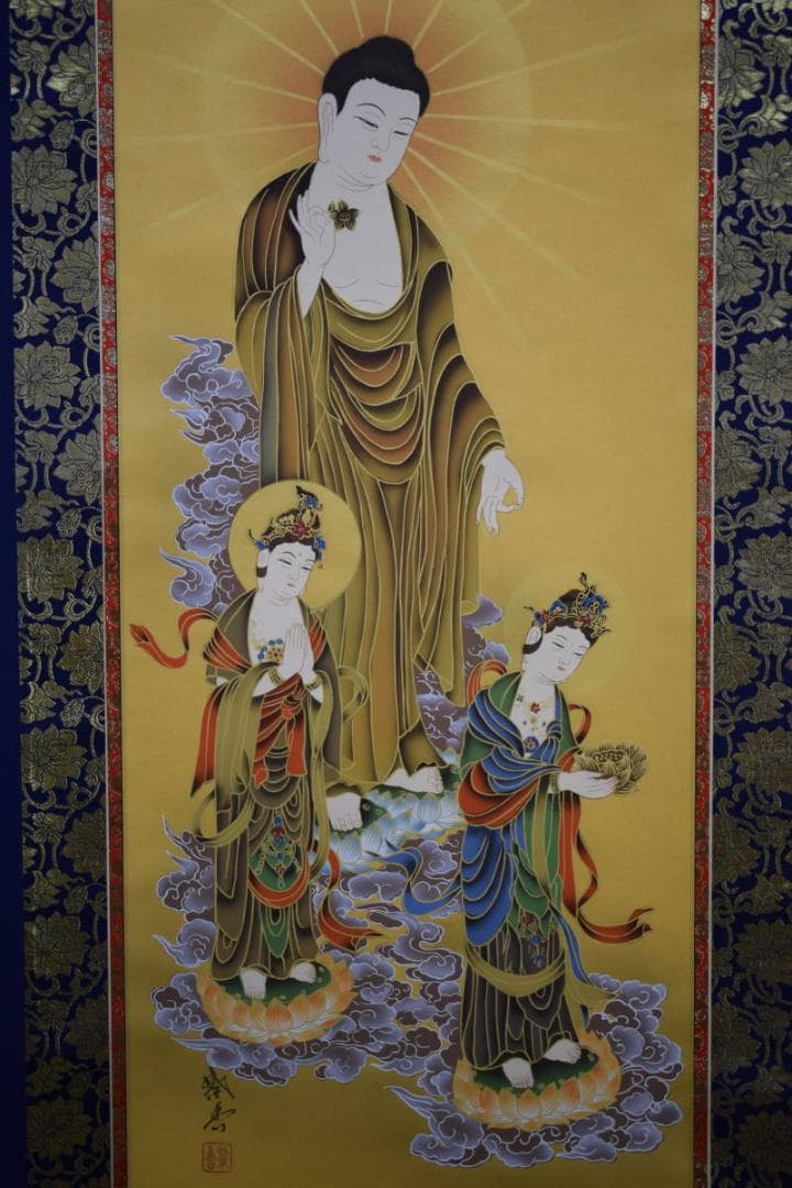 真作/紫雲/三尊佛/桐共箱付/布袋屋掛軸HG-459