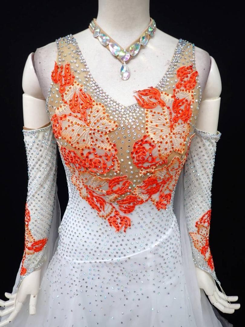 B1379★オフ白×オレンジ/チュール/ワンピ/スタンダードドレス☆社交ダンス