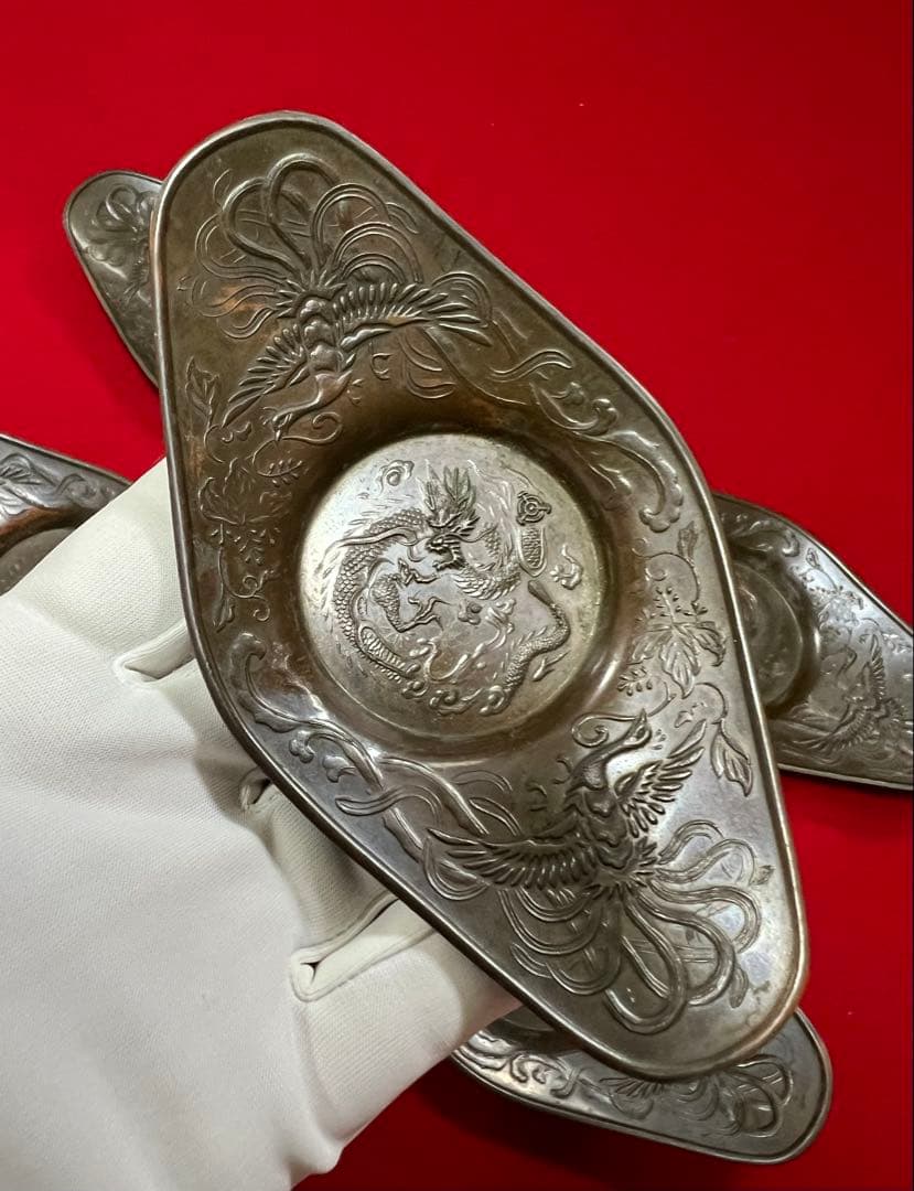 古美術 茶道具 錫製扁舟式 龍鳳紋樣 托子五枚 壱輝作　コレクション