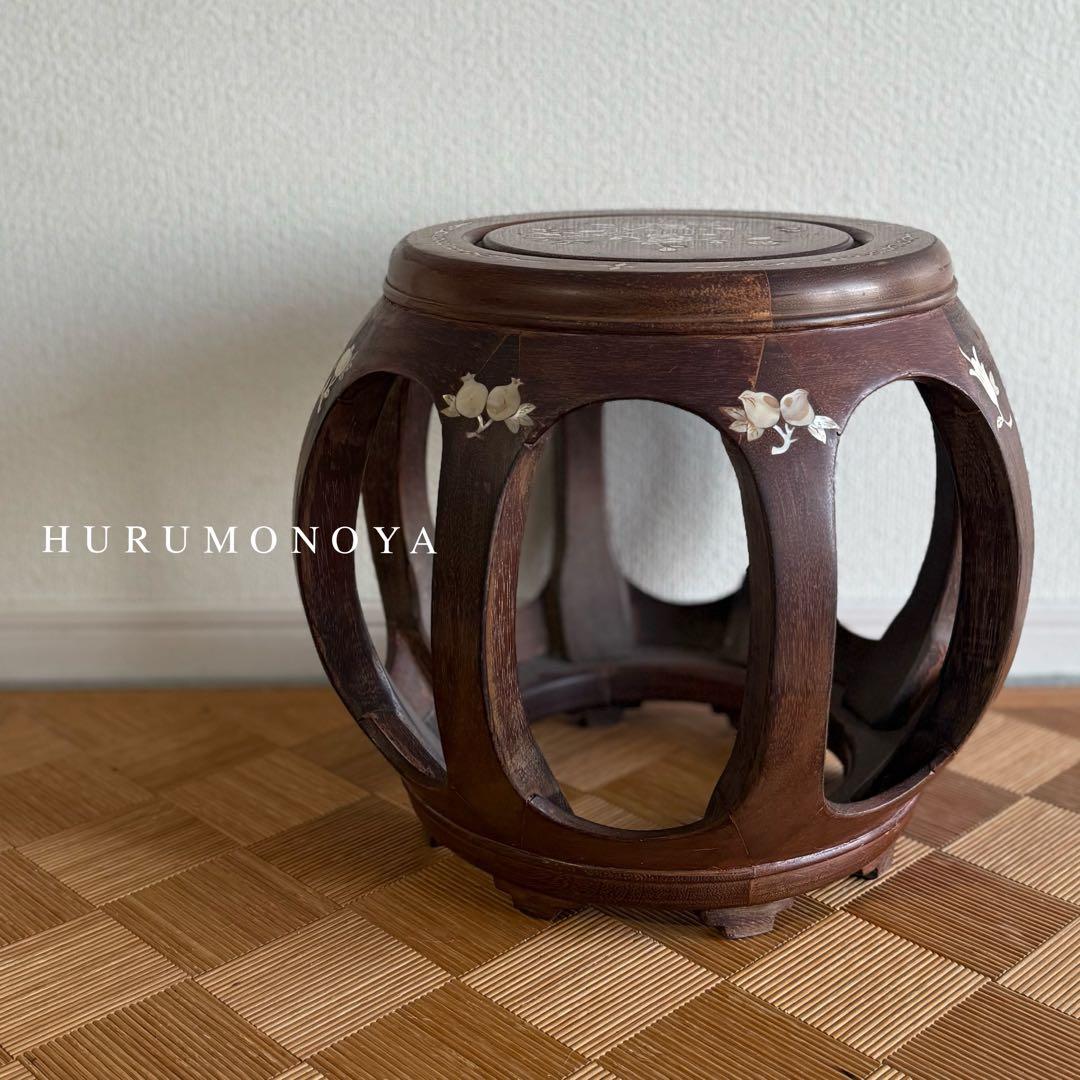 SNT1339 花梨 無垢 螺鈿細工 花鳥文 スツール　椅子 飾り台　中国美術