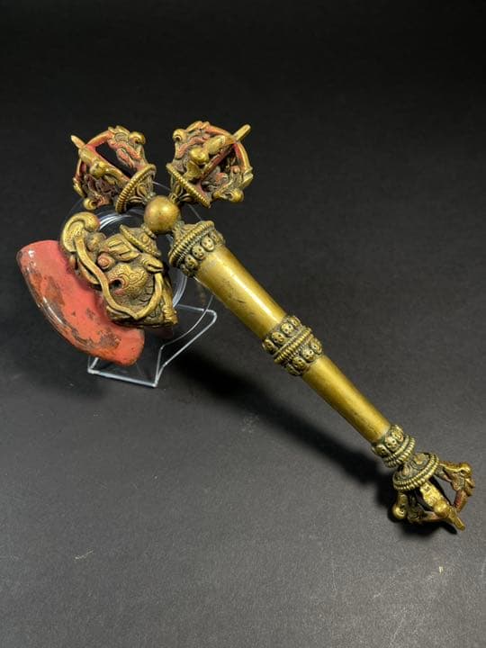 五股金剛杵月刀法器 鎏金法物 蔵出天然水晶刃嵌 金剛降魔法器 大逸品