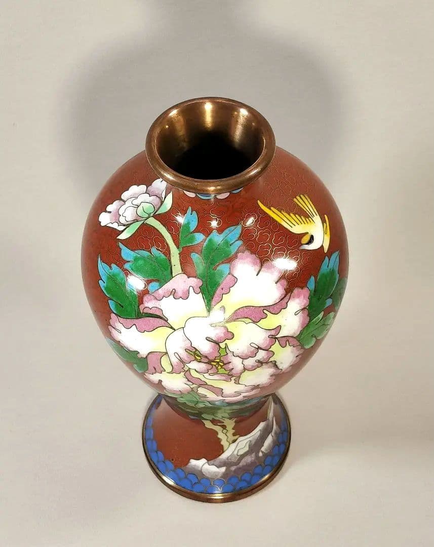 【未使用・美品】景泰藍 七宝焼 花瓶 壺 牡丹模様 20cm