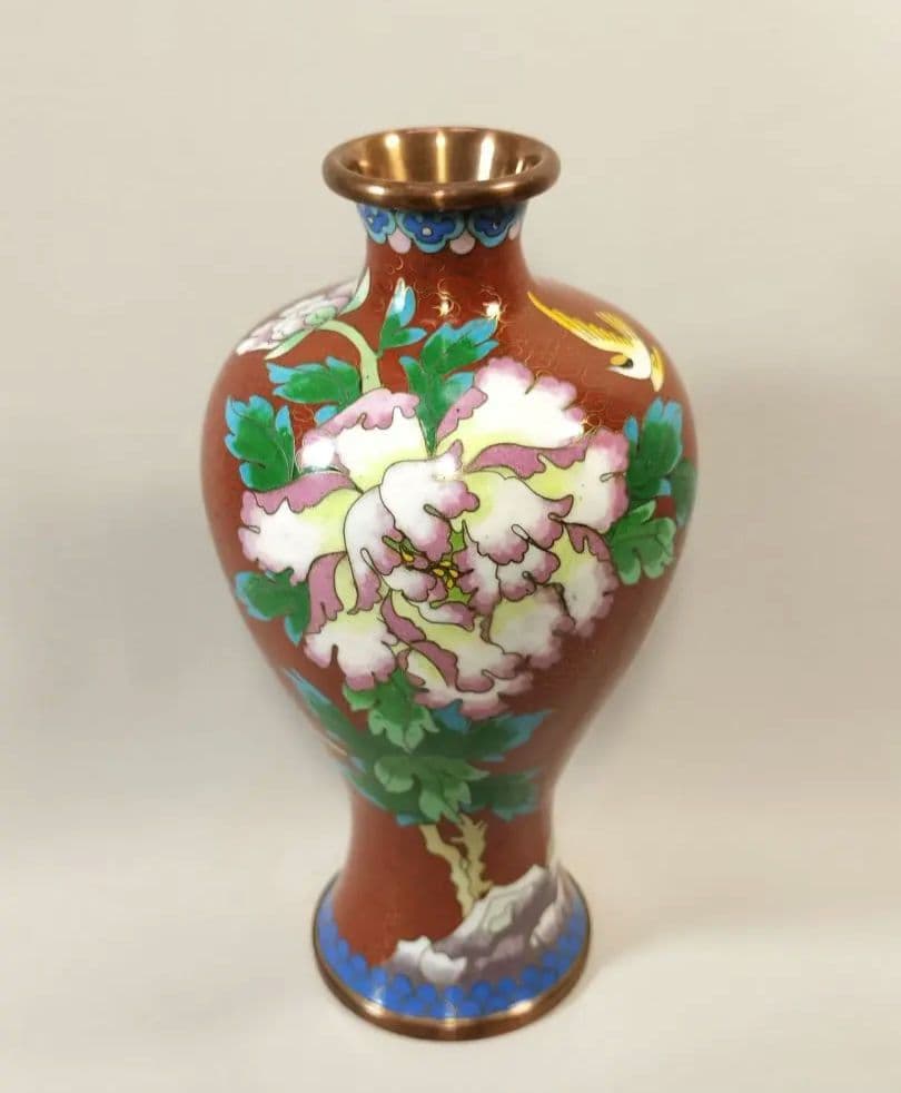 【未使用・美品】景泰藍 七宝焼 花瓶 壺 牡丹模様 20cm