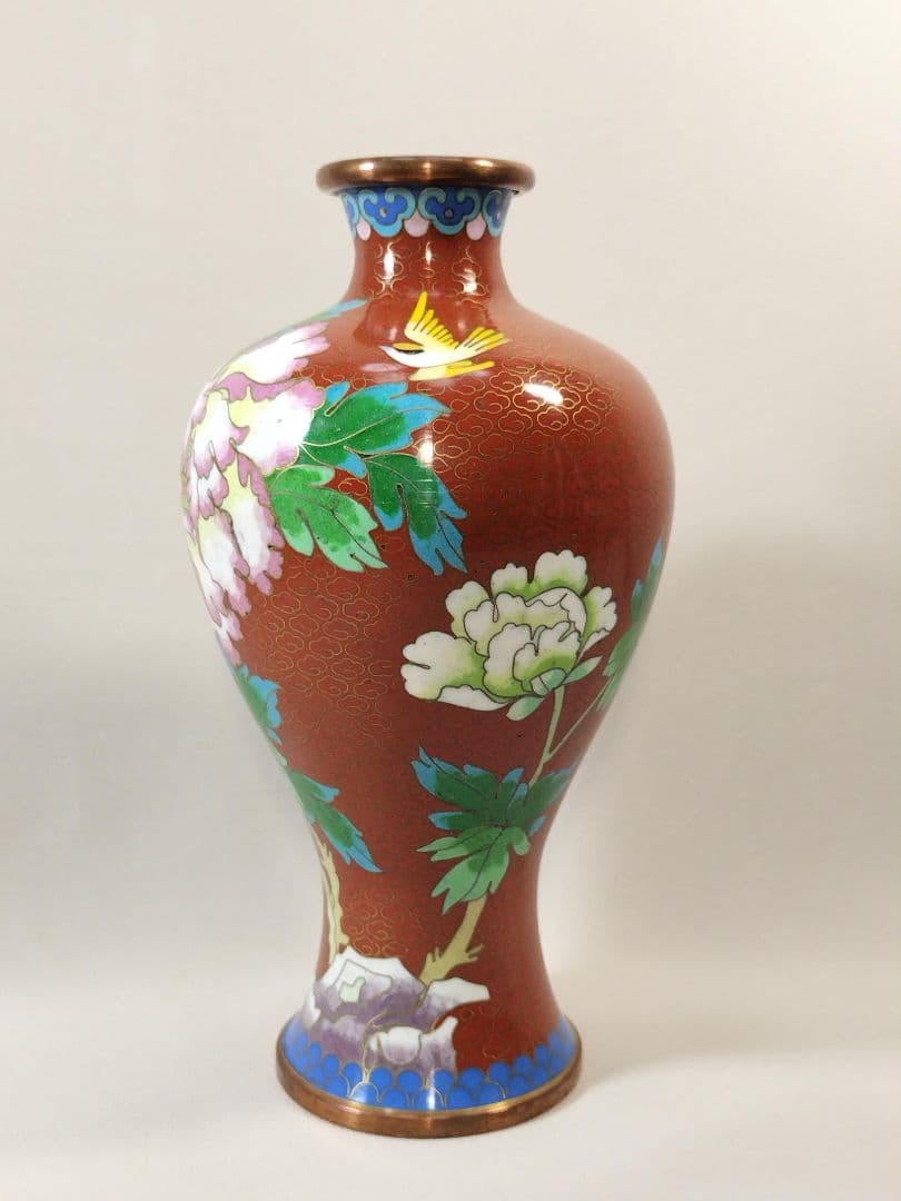 【未使用・美品】景泰藍 七宝焼 花瓶 壺 牡丹模様 20cm