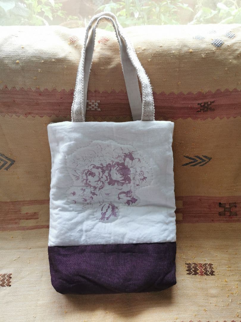 ハンドメイド✃アンティークホームスパンリネン＆キャベジズ花柄リバーシブルトート