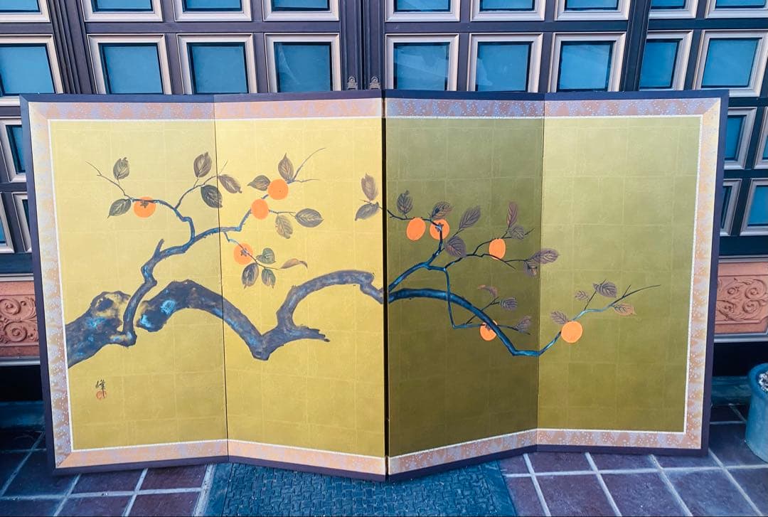 日本画 橙色の果実の屏風 160cm