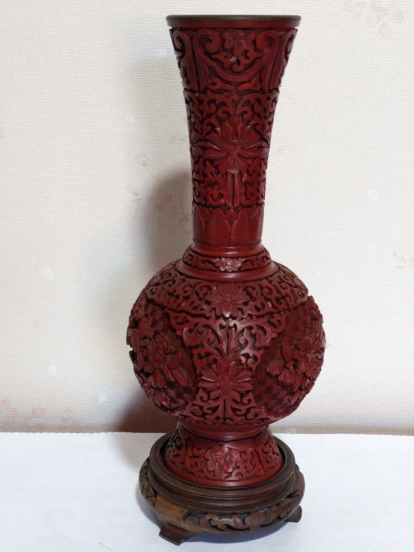 ♦中国古玩 古美術品 堆朱彫漆天球瓶 漆芸 花器飾り 置物 血赤色骨董品レア物