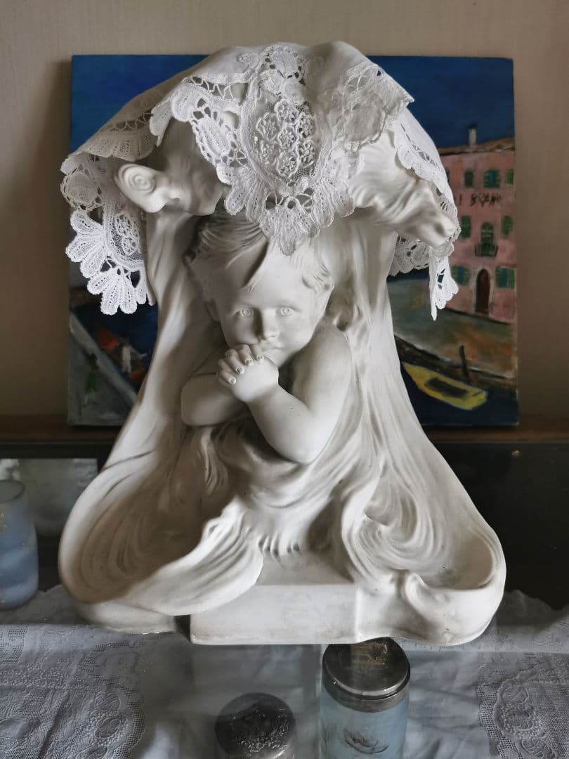 ブリュッセルレース＆アンティークフランス 大型素焼きビスク彫像塑像 少年の祈り