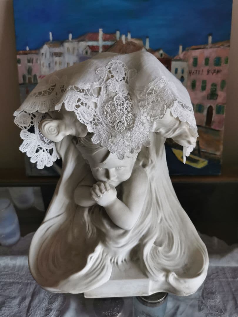 ブリュッセルレース＆アンティークフランス 大型素焼きビスク彫像塑像 少年の祈り