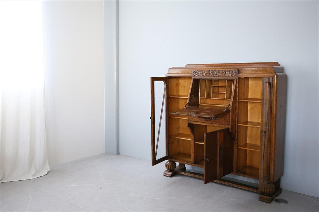 英国アンティークガラスキャビネット付きビューロー/机デスク/飾り棚(92-237