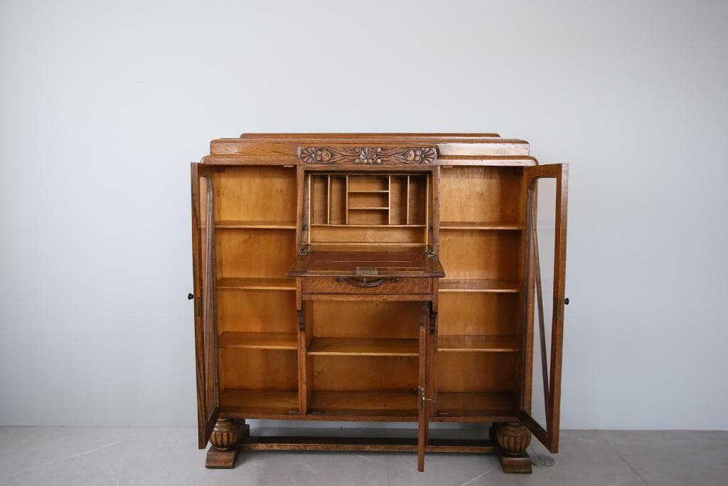 英国アンティークガラスキャビネット付きビューロー/机デスク/飾り棚(92-237