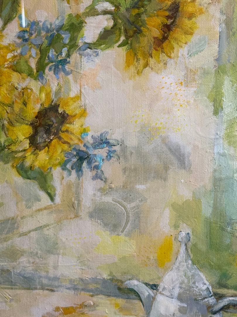 平野能子作　油彩絵　ひまわりのティータイム　額装　示現会作品　F15号　送料込み