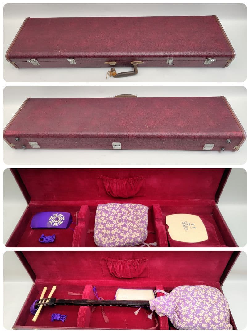 C059 【中古】三味線（子持ち綾杉／金細／二本溝）ケース・付属あり／修理前提