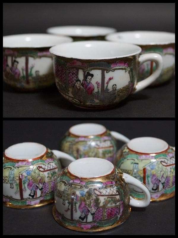 中国 広彩 粉彩色絵『窓絵美人鳥花図』 茶器セット(急須/湯呑み4個/皿)手描き