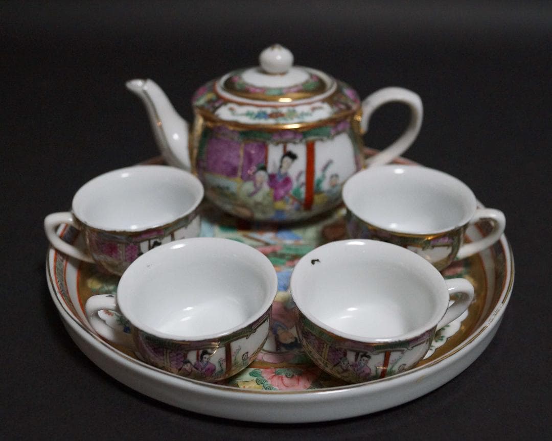 中国 広彩 粉彩色絵『窓絵美人鳥花図』 茶器セット(急須/湯呑み4個/皿)手描き