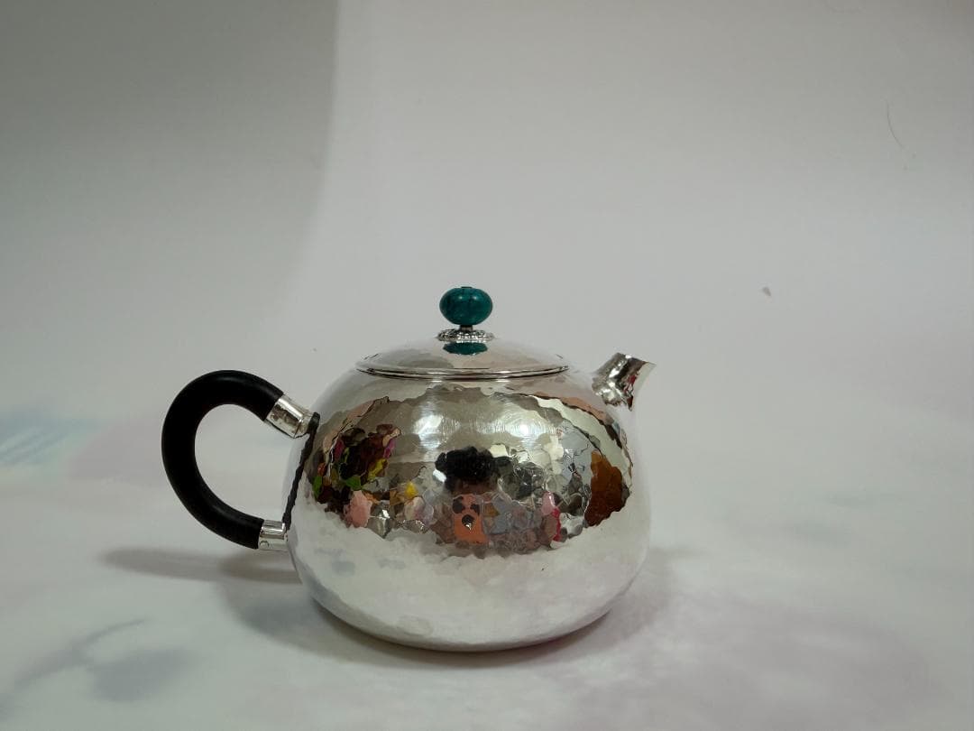 純銀製 丸形 鎚目 玉石摘 唐木手 急須 銀瓶 煎茶道具