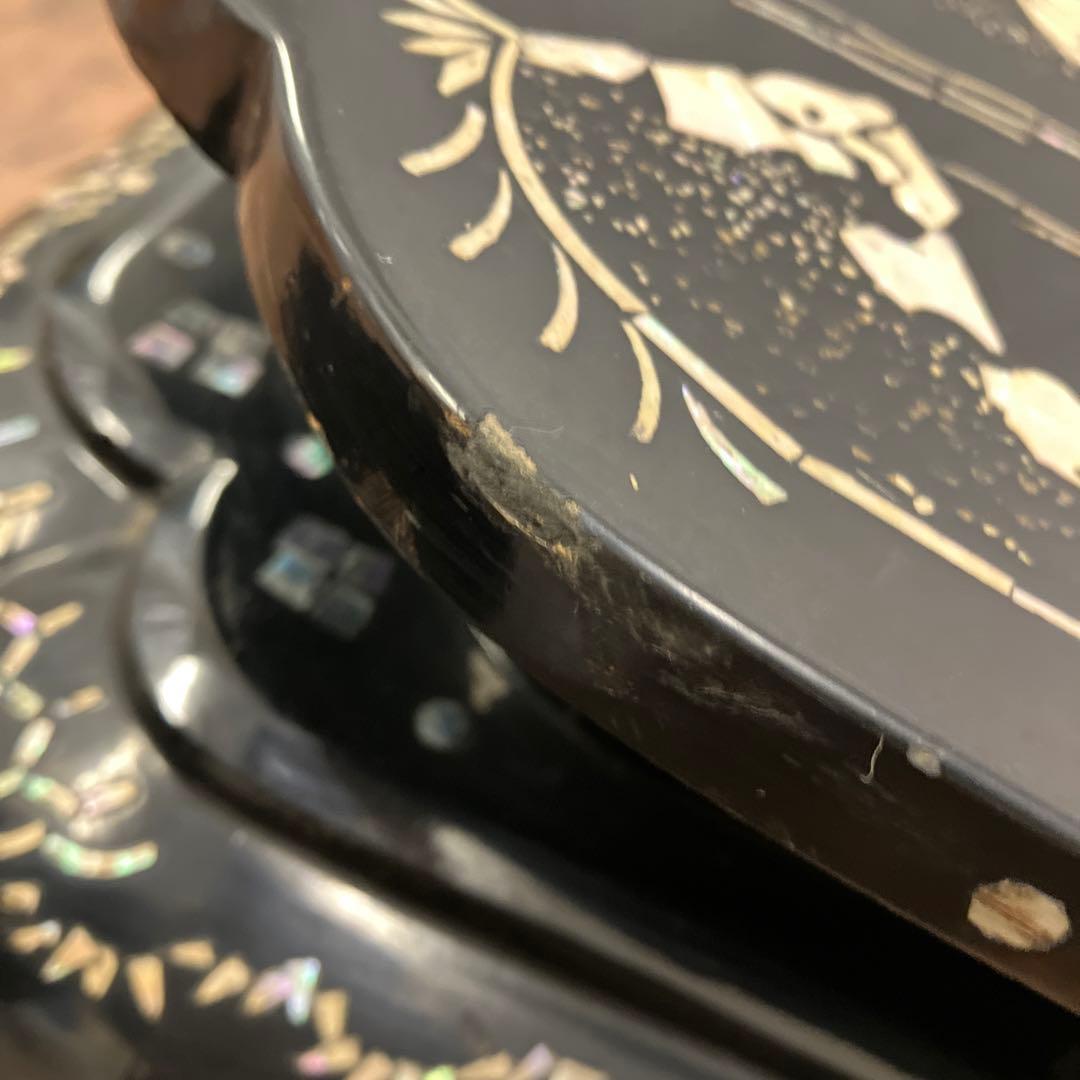 B-3 中国骨董 花台 ミニテーブル 飾り台 黒漆 風景画 絵柄 螺鈿細工 盆栽