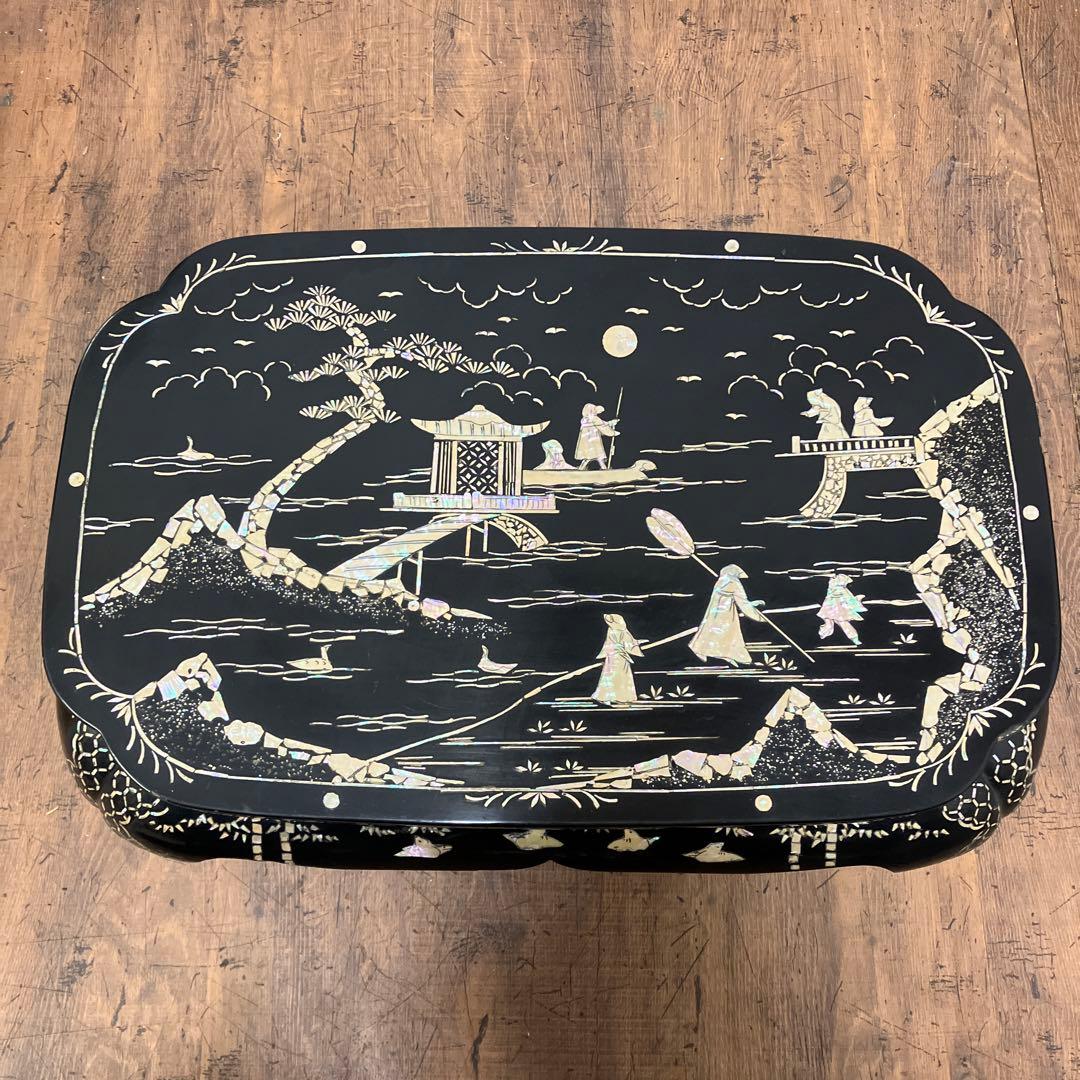 B-3 中国骨董 花台 ミニテーブル 飾り台 黒漆 風景画 絵柄 螺鈿細工 盆栽