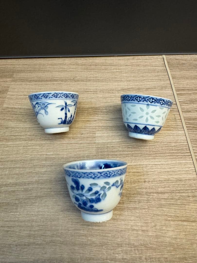 1521 中国骨董　康熙年製銘　染付青花湯呑　3客　時代物