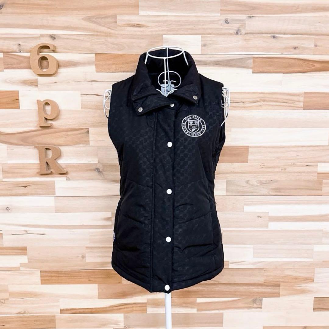 【フィラゴルフ】キルティング 中綿ベスト 総柄 ハイネック ゴルフ M 黒×白