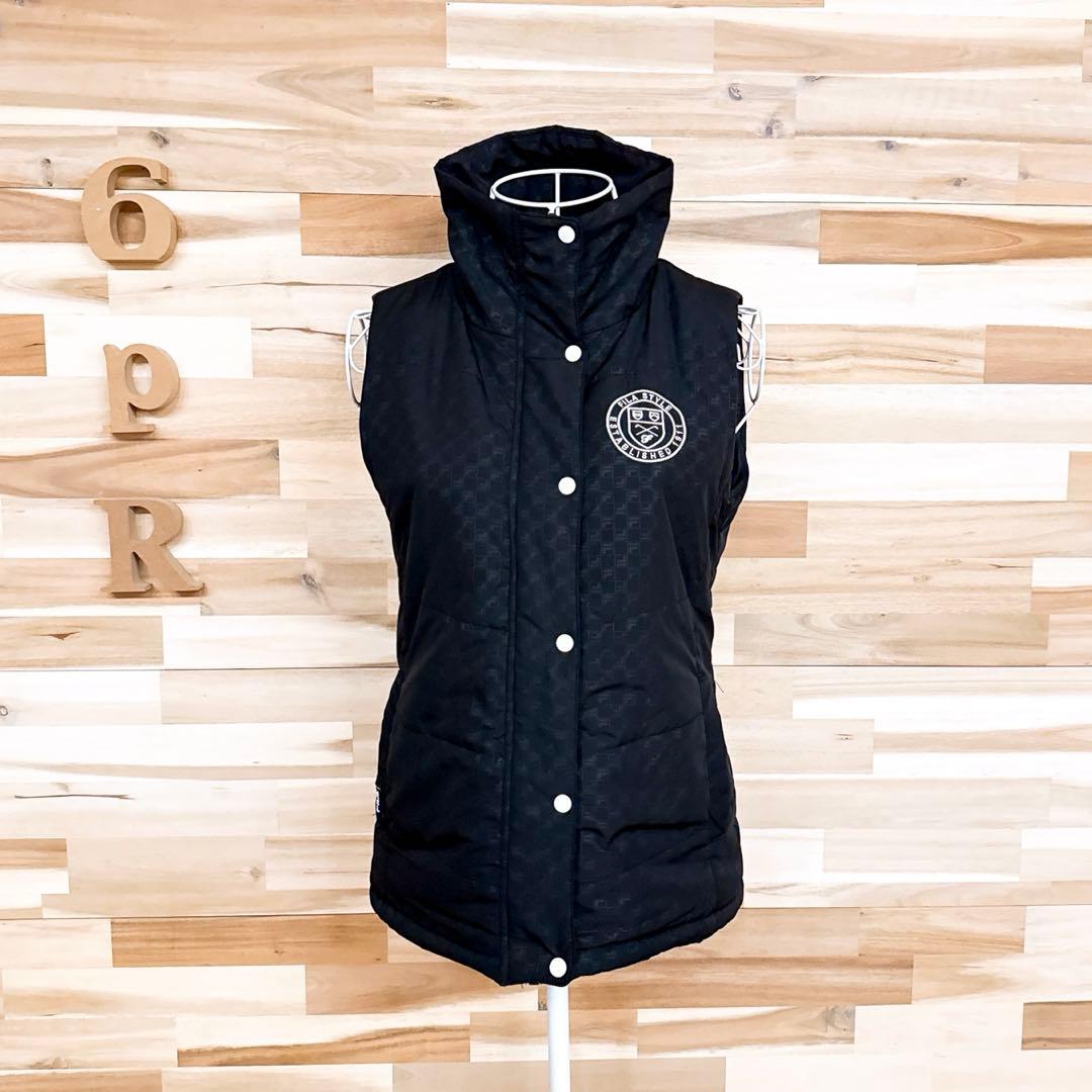 【フィラゴルフ】キルティング 中綿ベスト 総柄 ハイネック ゴルフ M 黒×白